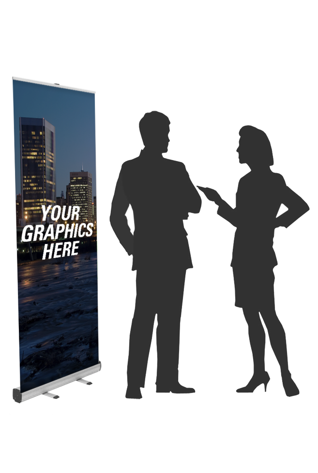 Economy retractable banner stand with people for scale