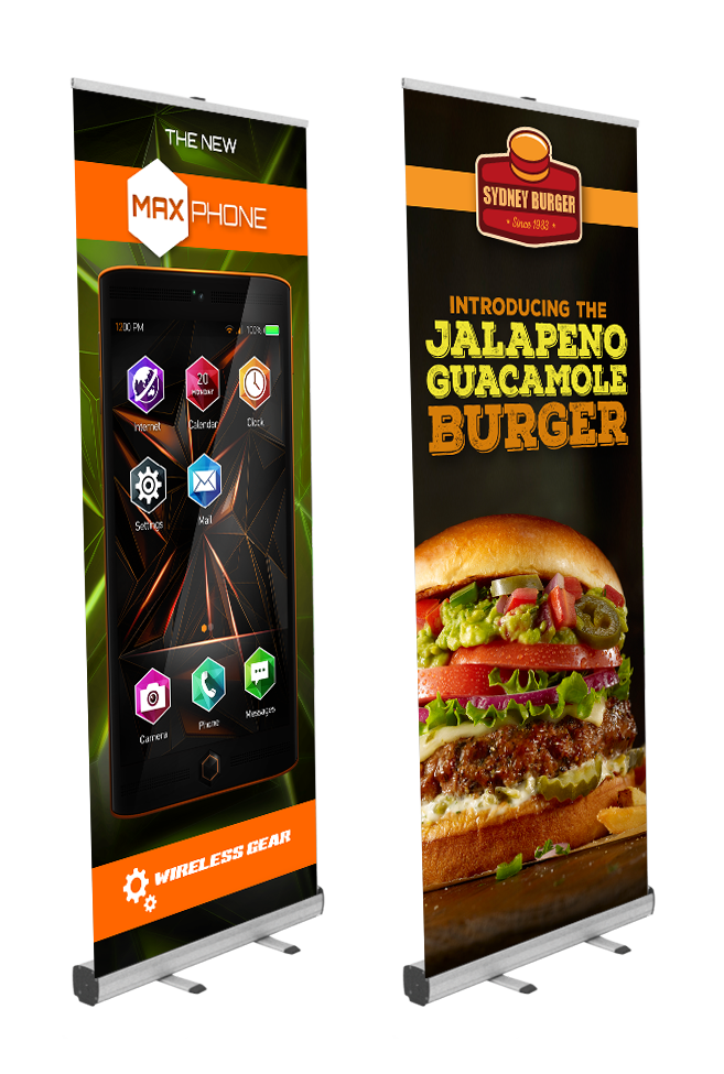 Two standard banner stands with sample graphics