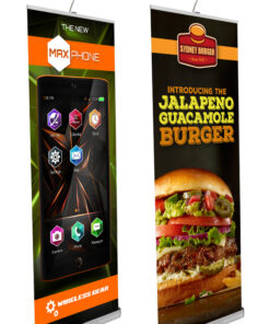 Two standard banner stands with optional light accessory