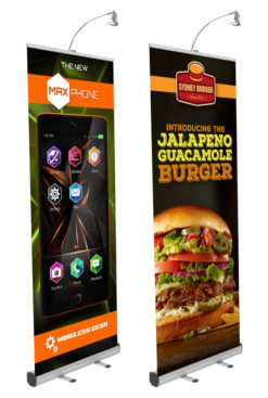 Two standard banner stands with optional light accessory
