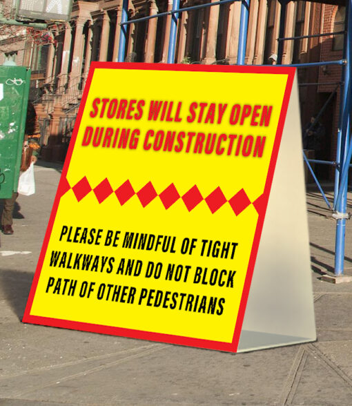 48" x 48" fluted plastic a-frame sidewalk sign at construction area