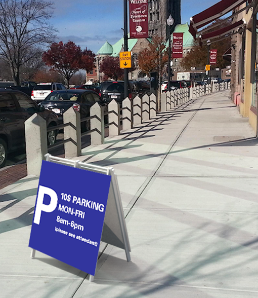 30" x 30" rigid pvc a-frame sidewalk sign for parking deck
