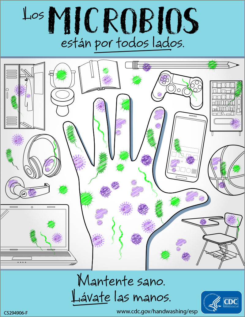 Poster about germs and washing hands in Spanish language