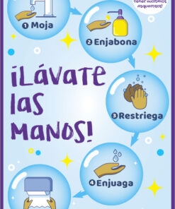 Poster showing the correct way to was hands in Spanish language