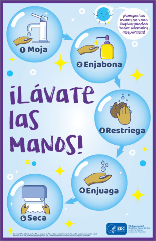Poster showing the correct way to was hands in Spanish language